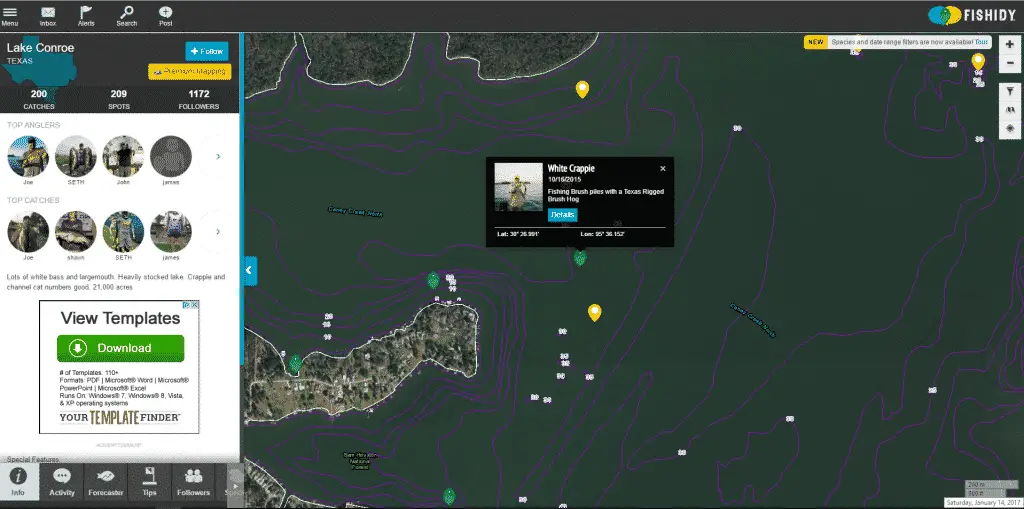 contour map of lake Conroe from Fishidy